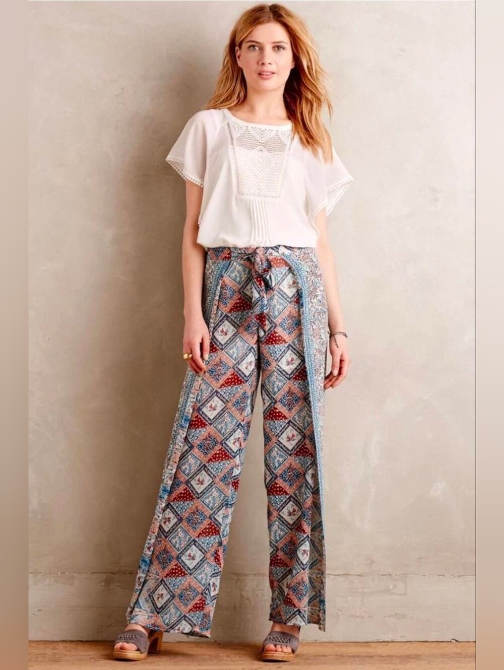 Anthropologie Elevenses Seaflower Wide Leg Pants Blue Motif Belted Size 2 Boho - Picture 2 of 9